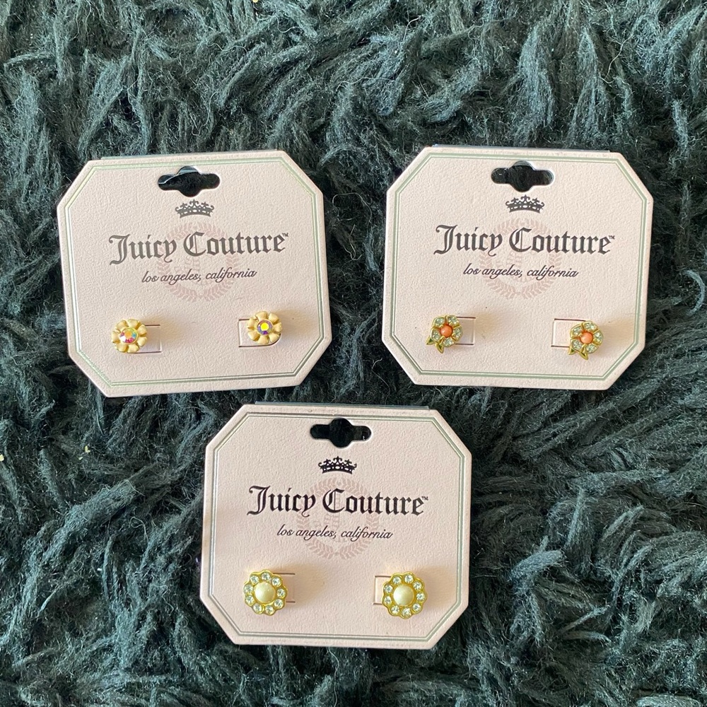 3/＄30Juicy Couture Gold Tone Flowers Crystal Stud Earrings NWT